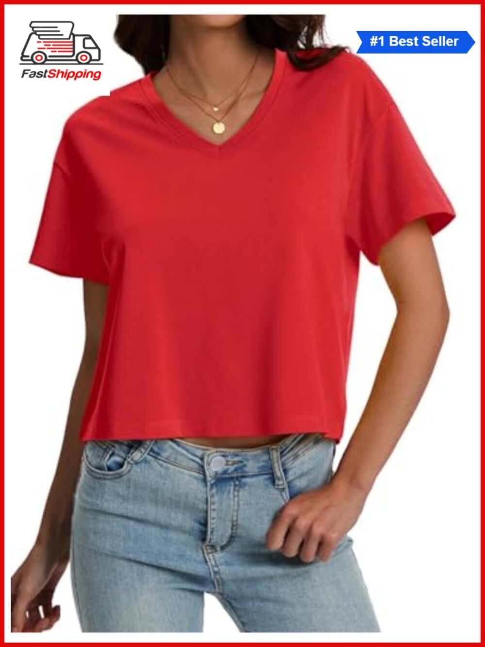 ✨ Essentials Cropped V-Neck T-Shirt UPF 50+ Tag-Free Athleisure